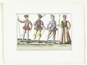 Tre spanske soldater i uniform og en marketingmand, ca. 1580 Kostumer militære Espagnols (titel på objekt) af Anonymous