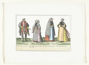 Tre kvinder og en mand klædt i tysk mode, ca. 1580 Kostumer Allemands (titel på objekt) af Anonymous