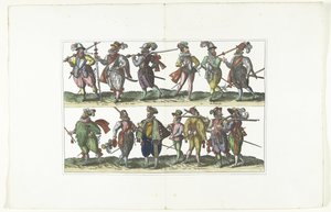 Dobbeltplade med tretten bevæbnede civile i uniform efter mode i Antwerpen, ca. 1580 Bourgeois d