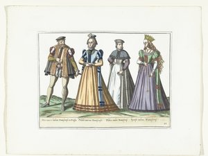 En mand og tre kvinder klædt i tysk mode i Danzig, ca. 1580 Kostumer Allemands (titel på objekt) af Anonymous