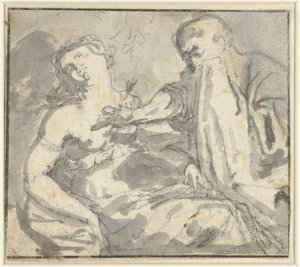 En mand fjerner en pil fra brystet af en kvinde (Cephalus og Procris?) af Anonymous