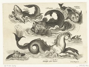 Fantastiske vanddyr, inklusive søhest Libelivs diverse Genera piscium complectens (serietitel) Ferskvandsfisk, havfisk, frøer, krebsdyr og havdyr (serietitel) af Anonymous