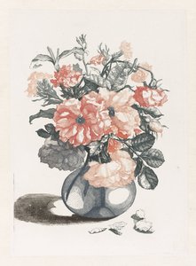 Fem aftryk af blomster i glasvaser Glasvase med blomster, ved siden af ​​kronblade af Anonymous