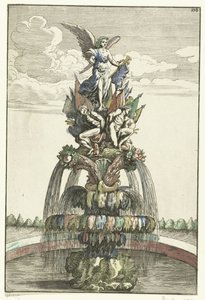 Springvand med statue af Victoria Architectura Curiosa Nova (serietitel) af Anonymous