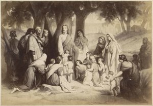 Fotogengivelse af (formentlig) et print af Jesus med børn (Lad børnene komme til mig) af Anonymous