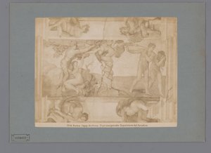Fotoreproduktion af freskoen Syndefaldet og uddrivelsen fra paradis af Michelangelo i Det Sixtinske Kapel Roma. capp. sistina. Il primo peccato. Epulsione dal Paradiso (titel på objekt) af Anonymous
