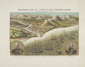 Udsigt over Aceh under den anden Aceh-ekspedition, 1873-1874 Belejringskort over Atchin og hans forsvar. (Fugleperspektiv.) (titel på objektet) af Anonymous