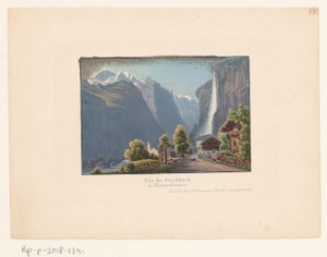 Udsigt over Staubbach og Staubbach-vandfaldet Udsigt over Staubbacken i Lauterbrunen (titel på objekt) af Anonymous