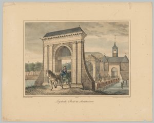 Udsigt over Leidsepoort i Amsterdam Leydsche Poort i Amsterdam (titel på objekt) Ansigter af de seks hovedporte i byen Amsterdam. 1st Cahier (serietitel) af Anonymous