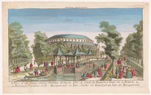 Udsigt over Rotunden og den kinesiske pavillon på kanalen i Londons Ranelagh Gardens med et maskeradebal Udsigt over den kinesiske kanalbygning, Rotunde i Ranelagh, Haver, med maskerade. &c (titel på objekt) af Anonymous