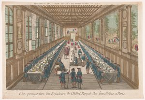 Udsigt over spisestuen på Hôtel des Invalides i Paris med en gruppe, der spiser Vue perspective du refectoire de l