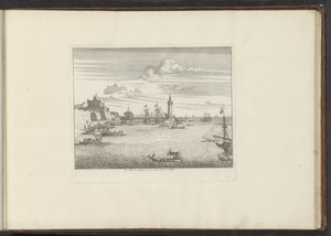 Udsigt over havnen med et fyrtårn og et palads i Napoli Le Mole, le Cinosura, et le Castell Novo, à Napoli (titel på objekt) Paladser og monumenter i Venedig, Livorno, Napoli og Rom (serietitel) af Anonymous