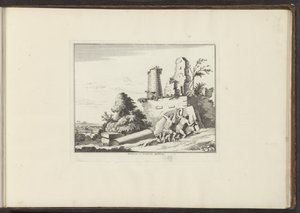 Udsigt over ruinerne af Horatii- og Curatii-graven i Rom Horatiorum et Curatiorum Sepulchrum (titel på objekt) Paladser og monumenter i Venedig, Livorno, Napoli og Rom (serietitel) af Anonymous