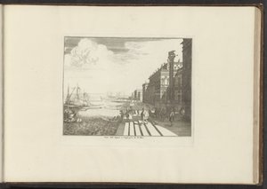 Udsigt over en kaj i Venedig med Markus løve på en søjle Veue dela Dogna à Venise pres de St. Marc (titel på objektet) Paladser og monumenter i Venedig, Livorno, Napoli og Rom (serietitel) af Anonymous