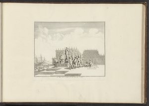 Udsigt over et palads og statuer på havnefronten i Genova Le Palais orné de Statues, au bord dela Mer à Gennes (titel på objektet) Paladser og monumenter i Venedig, Livorno, Napoli og Rom (serietitel) af Anonymous