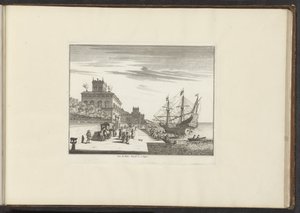 Udsigt over det kongelige palads ved strandpromenaden i Napoli Veue du Palais Royael &c: à Napoli (titel på objekt) Paladser og monumenter i Venedig, Livorno, Napoli og Rom (serietitel) af Anonymous