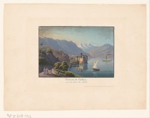 Udsigt over Chillon kasteel Slot Châteay de Chillon vers la dent du midi (titel på objekt) af Anonymous