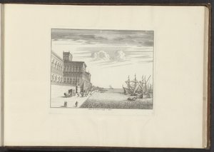 Udsigt over kardinal Caraffas palads på kysten i Napoli Pallais de Mont Alto i Napoli (titel på objekt) Paladser og monumenter i Venedig, Livorno, Napoli og Rom (serietitel) af Anonymous