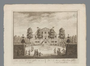 Udsigt over godset af Esaie Gillot Huset af Mr. Esaie Gillot set forfra / Vüe de la Maison Monsr. Esaie Gillot du Coté de la facade (titel på objekt) Indvendig udsigt af kabinettet af Mr. Esaie Gillot / Vüe de la Maison de M af Anonymous
