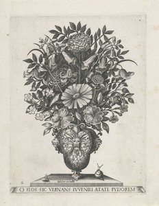 Grotesk vase med tre mascarons Vaser med blomster (serietitel) af Anonymous