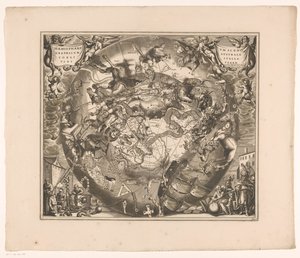 Himmelkort med de sydlige stjernebilleder Haemisphaerium scenographicum australe coeli stellati et terrae (titel på objekt) af Anonymous