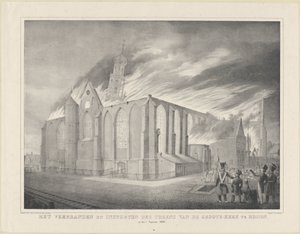 Afbrændingen og sammenbruddet af tårnene på Groote-Kerk i Hoorn, den 3. august 1838 (titel på objektet) af Anonymous
