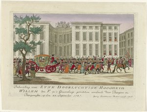 Overhaling af Prinsen af ​​Orange, 1787 Overhaling af Zyne Serene Highness Willem den V. bliver trukket i Haag af Burgers og Burgeressen, den 20. september 1787 (titel på objekt) Farvede tyske tryk om begivenhederne i af Anonymous