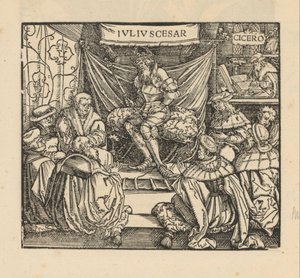 Julius Cæsar i et rådsmøde og Cicero skriver bagerst af Anonymous