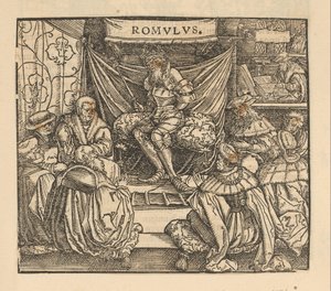 Julius Cæsar i et rådsmøde og Cicero skriver bagerst af Anonymous