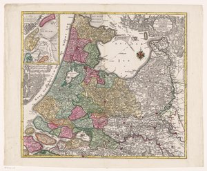 Kort af Holland, Utrecht en een del af Gelderland Tabellen over grevskaberne i Holland fordelt mellem deres guvernører (...) (titel på objekt) af Anonymous