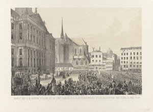 Ankomst af H.M. Kong Willem III på dæmningen, ved H.D. træde højtideligt ind i imperiets hovedstad, 12. maj 1849 (titel på objekt) af Anonymous