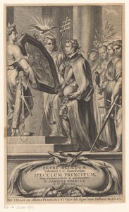 King holdes i et spejl af Retfærdighed og Tro Titelside for: Petrus Belluga og Camillo Borello, Speculum principum, 1655 af Anonymous
