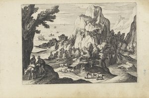 Kystlandskab med et højt bjerg Landskaber med figurer (serietitel) af Anonymous