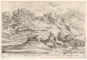 Landschap met minnend paar Den, der er tro mod sin elsker, elsker altid mørket, / Den brutale rystede stadig, hans øjne mangler skygger (titel på objektet) Landschappen naar Domenico Campagnola (serietitel) af Anonymous