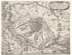 Maastricht besat af Frederik Hendrik, 1632 Maestricht belejret af Friderich Henrich Printzen von Orangien (...) den 9. juni i år 1632. Taget med Accort den 12. august i år 1632 (titel på objekt) af Anonymous