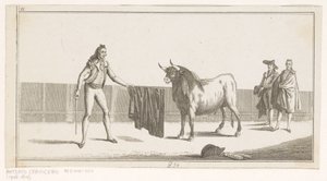 Matador udfordrer en tyr Coleccion de las principales suertes de una corrida de toros (serietitel på objekt) Samling af de vigtigste tyrefægtningsmanøvrer (serietitel) af Anonymous