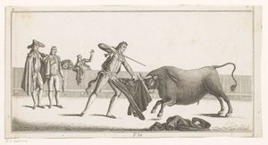 Matador udfordrer en tyr Coleccion de las principales suertes de una corrida de toros (serietitel på objekt) Samling af de vigtigste tyrefægtningsmanøvrer (serietitel) af Anonymous