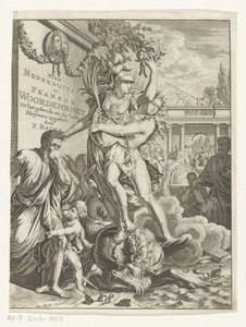 Minerva nedtramper et ildpustende havmonster Ny plattysk og fransk ordbog (titel på objekt) Titelside for: François Halma, Ordbog over nederlandske og franske sprog, 1710 af Anonymous