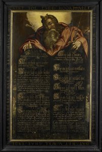 Moses viser lovens tabeller med de ti bud i kalligrafi af Anonymous