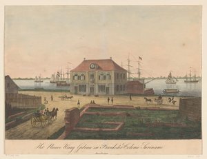 Nieuwe Waag ved havnefronten i Paramaribo Nieuwe Waag Building og Bank der Colonie Surinam (titel på objekt) af Anonymous
