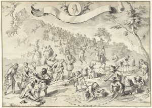 Designtegning til trykket Greed forsøger at overhale Fortuna, 1720 The Great Scene of Folly (serietitel) af Anonymous