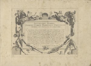 Ornamenteel cartouche met aan de schilder Francesco Crescenzi Hesten, hvor alle slags adelige: hestes opførsel adskilt fra forskellige dele af verden udvalgt (...) (serietitel på objekt) af Anonymous