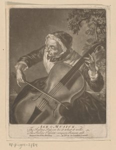 Gammel kvinde spiller cello Alder og musik (titel på objekt) af Anonymous