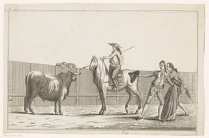 Picador retter sin lanse mod en tyr Coleccion de las principales suertes de una corrida de toros (serietitel på objekt) Samling af de vigtigste tyrefægtningsmanøvrer (serietitel) af Anonymous