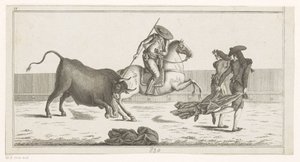 Picador stikker sin lanse ind i en tyr Coleccion de las principales suertes de una corrida de toros (serietitel på objekt) Samling af de vigtigste tyrefægtningsmanøvrer (serietitel) af Anonymous