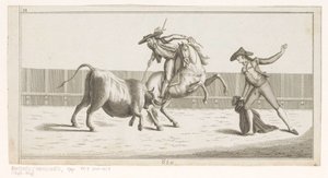 Picador stikker sin lanse ind i en tyr Coleccion de las principales suertes de una corrida de toros (serietitel på objekt) Samling af de vigtigste tyrefægtningsmanøvrer (serietitel) af Anonymous
