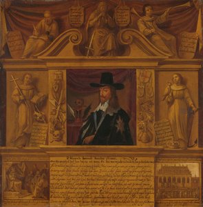 Portræt af Charles I, konge af England, i en ramme med allegoriske figurer og historiske fremstillinger af Anonymous