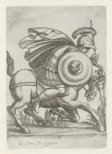 Reliëf met de daad af Marcus Curtius Antikke skulpturer i Rom (serietitel) Ikoner af de gamle statuer af byen Rom, som ses på offentlige steder (serietitel) af Anonymous