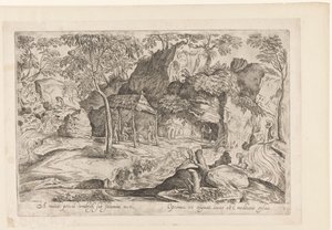 Rotsachtig landskab med dak op palen en højre leeuw Langt væk fra verden, i læ under et stråtag, Landschappen naar Domenico Campagnola (serietitel) af Anonymous