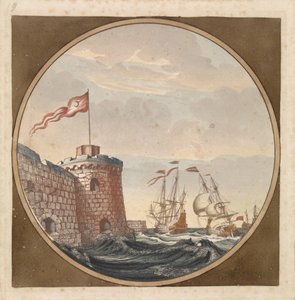 Skibe ved en bastion med tyrkisk flag af Anonymous